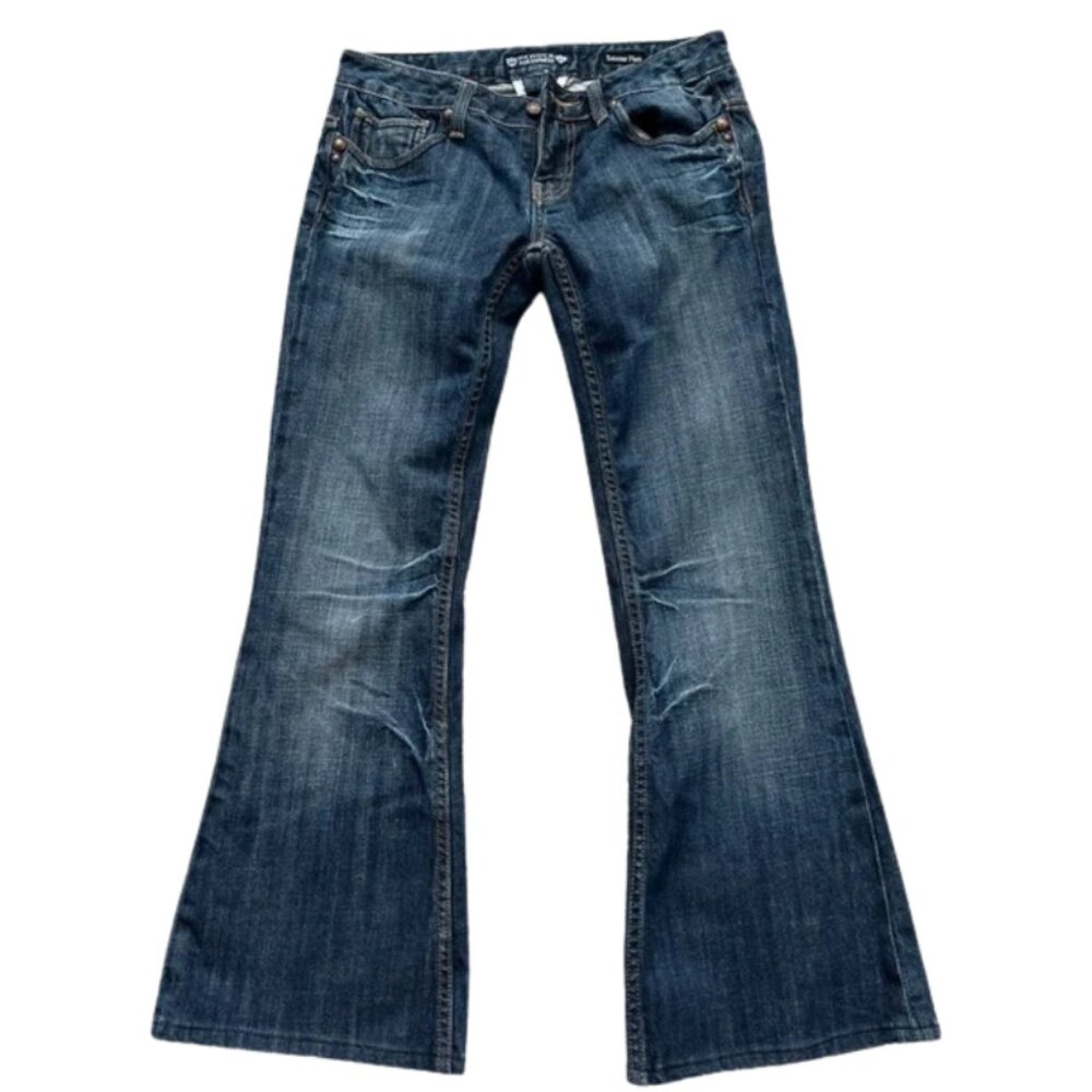 Rerock for Express Women’s Extreme Flare Dark Blue Denim Jeans Rhinestone Size 4